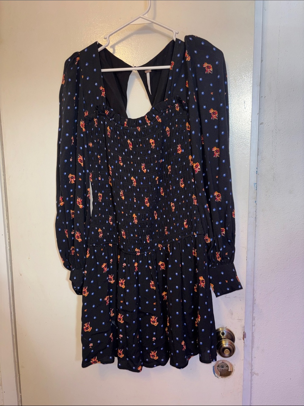 Smocked Navy Floral Long-Sleeve Mini Dress